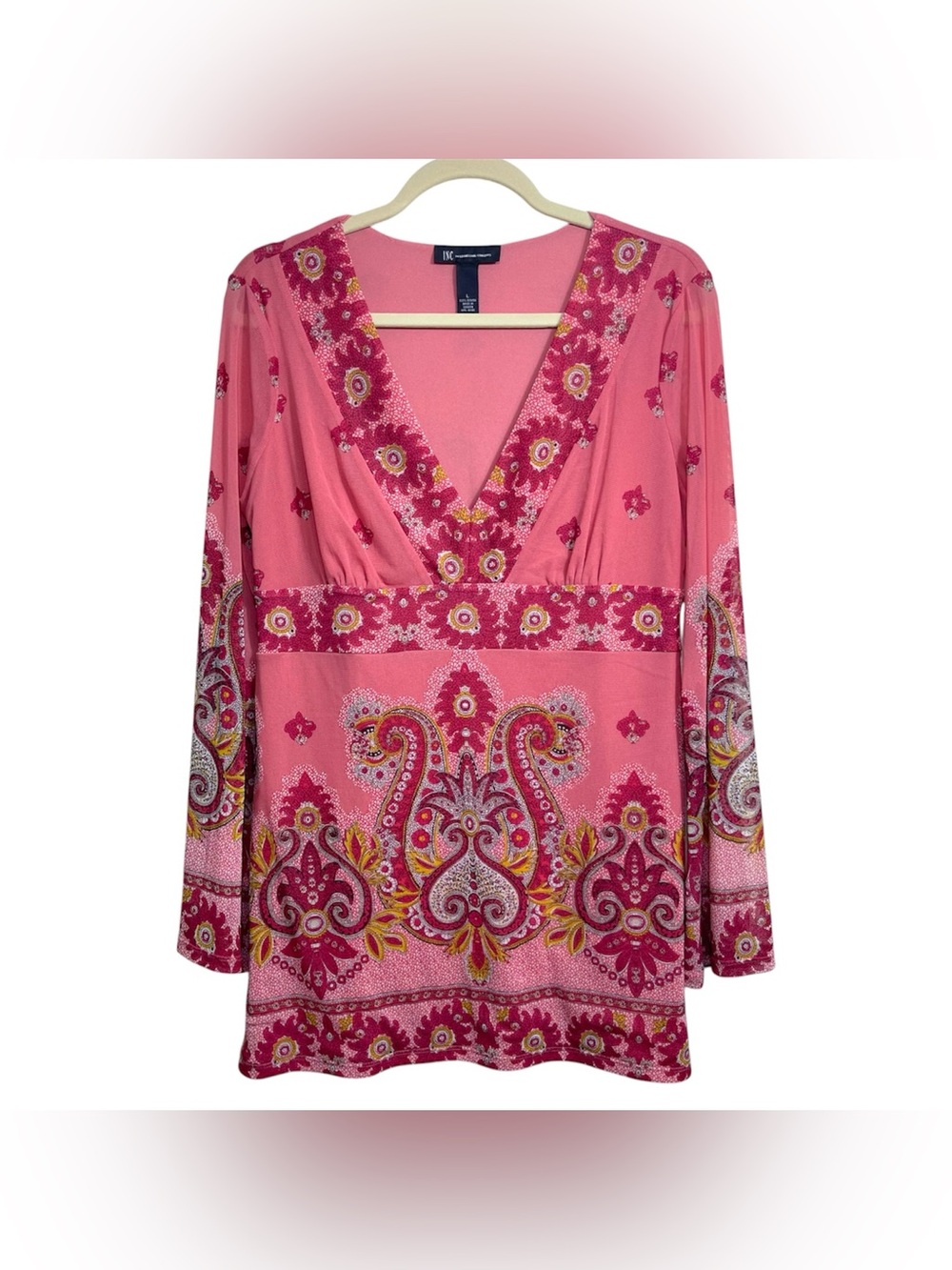 VTG Y2K Inc Pink Paisley Deep V-Neck Sheer Bell Sleeve Tunic Boho Stretch Top, L